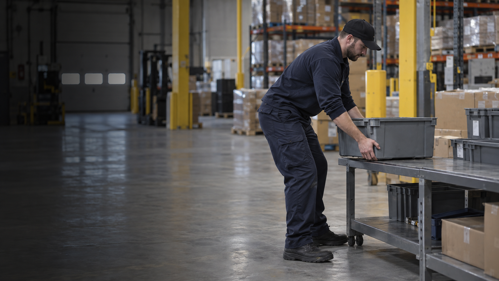A warehouse worker lifting a container onto a cart in a distribution facility
