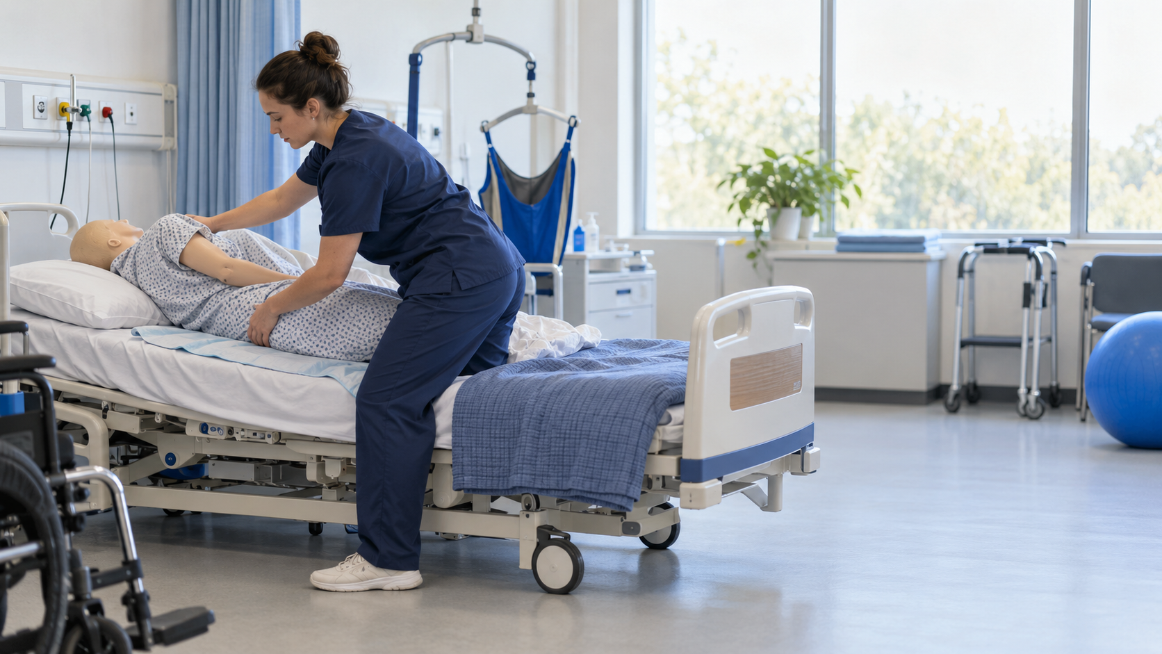 A care worker assisting a resident with a mobility aid in a continuing care setting
