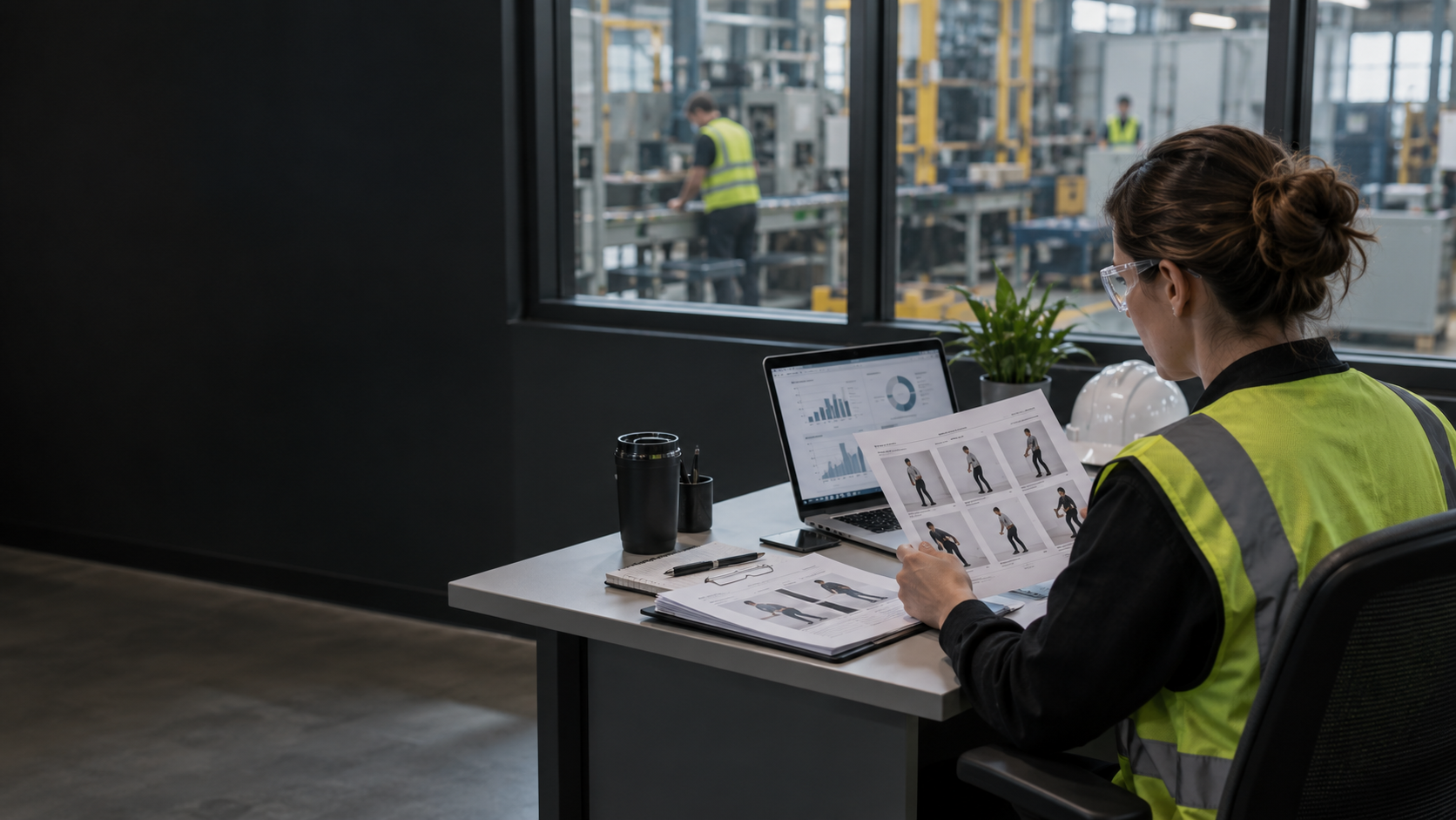 A safety professional reviewing assessment materials on a laptop in a workplace office