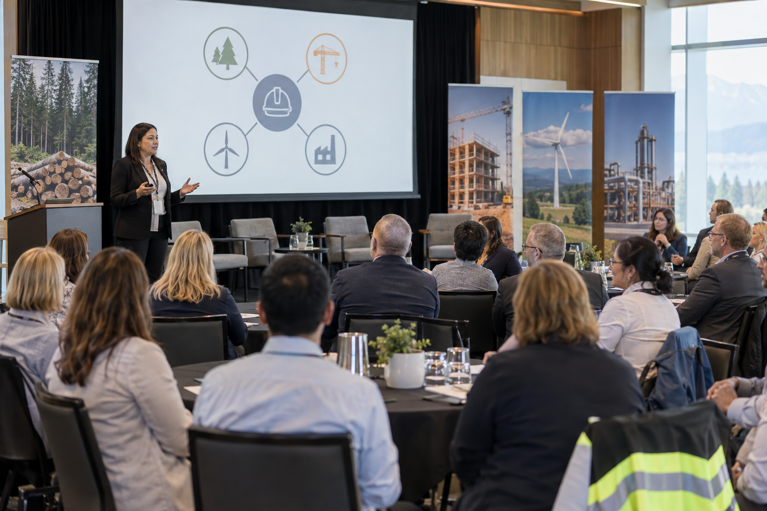 A presenter addressing employer and program representatives from several sectors at an industry prevention session