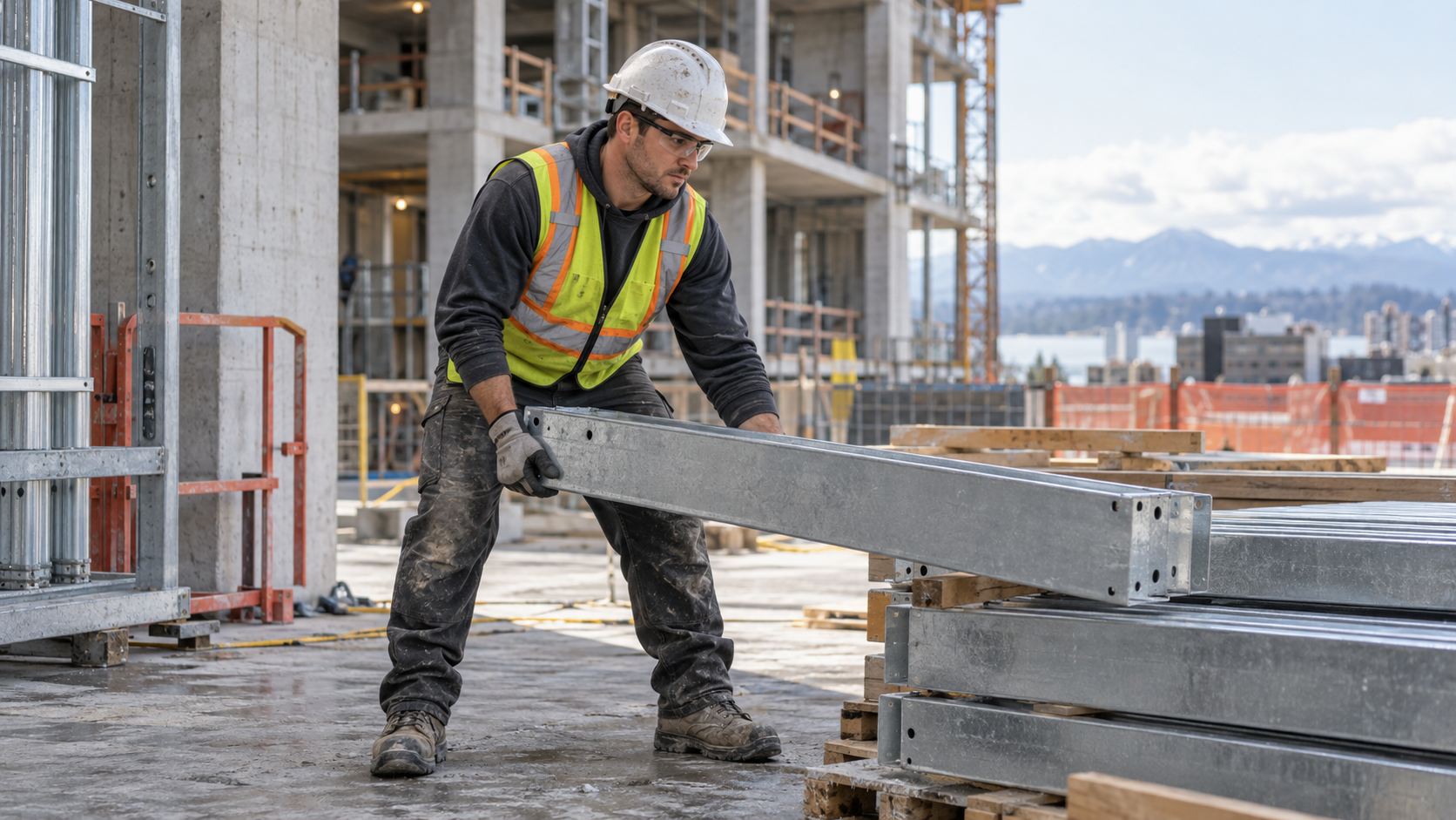 A construction worker positioning a steel stud on a stack at a building site