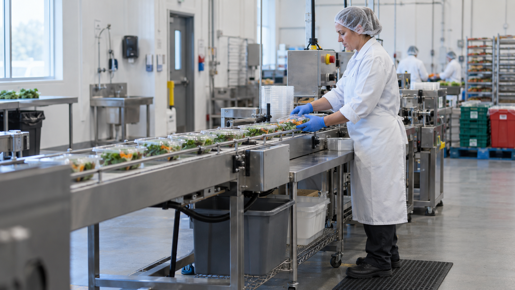 Workers packing product along a food production line