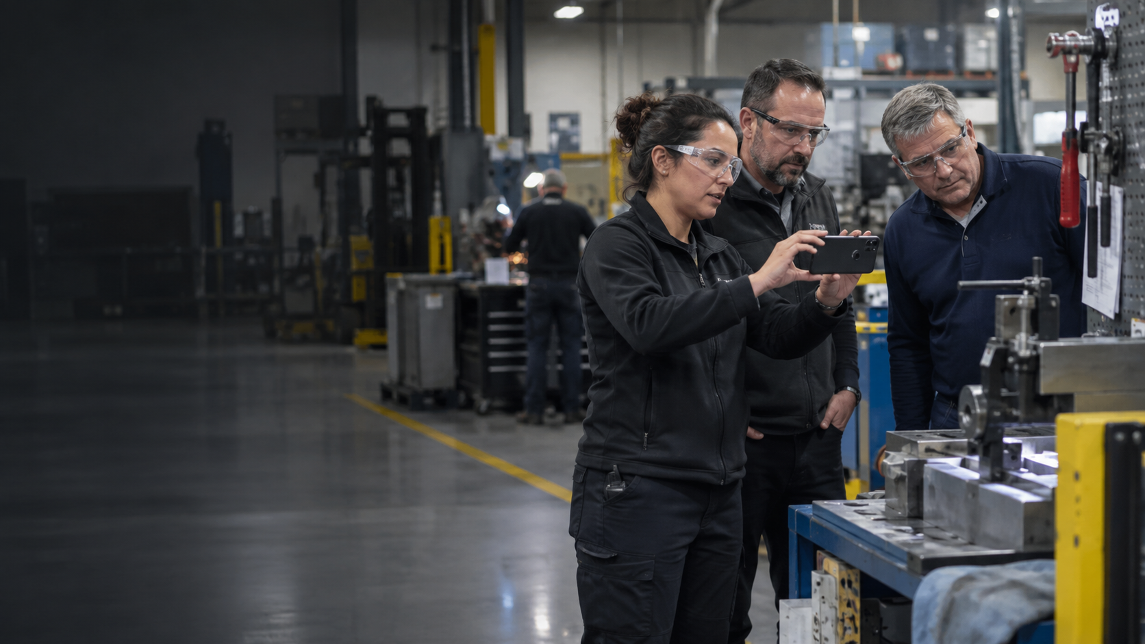 Three colleagues reviewing a recorded task on a phone at a machining workstation