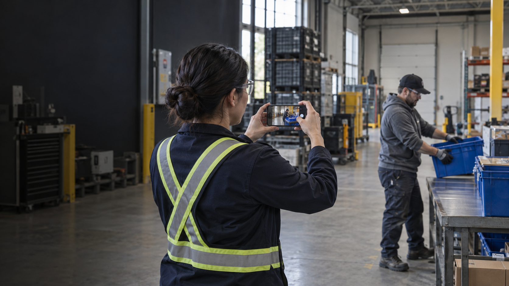A worker recording a task on a phone while a colleague handles containers in a facility
