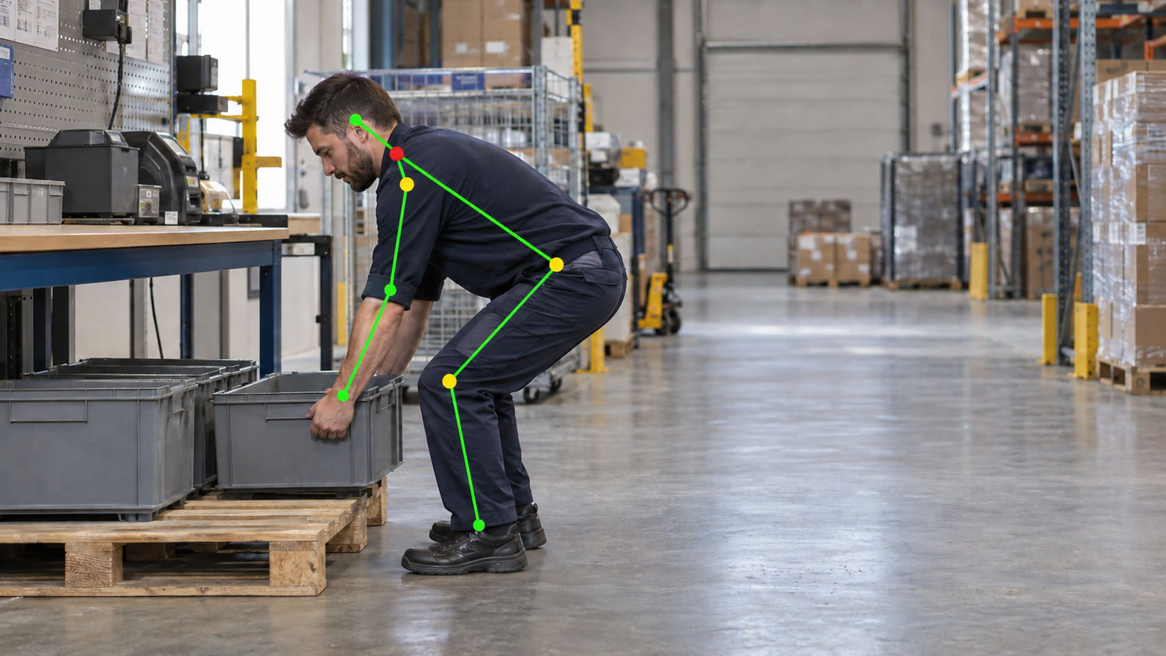 Illustrative pose trace following visible head, shoulder, arm, trunk, hip, knee and ankle points as a worker lifts a container.