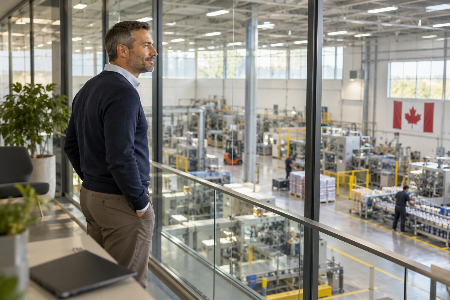 A business owner looking out over a production floor from an upper level office