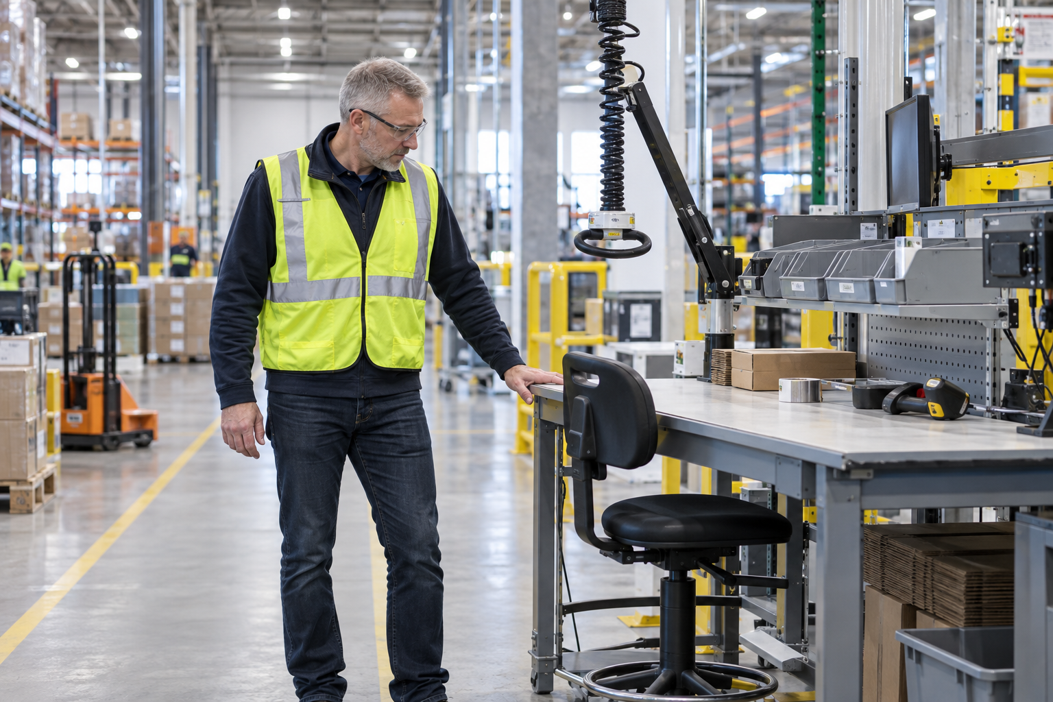 A safety manager in a high visibility vest reviewing a packing workstation on a warehouse floor