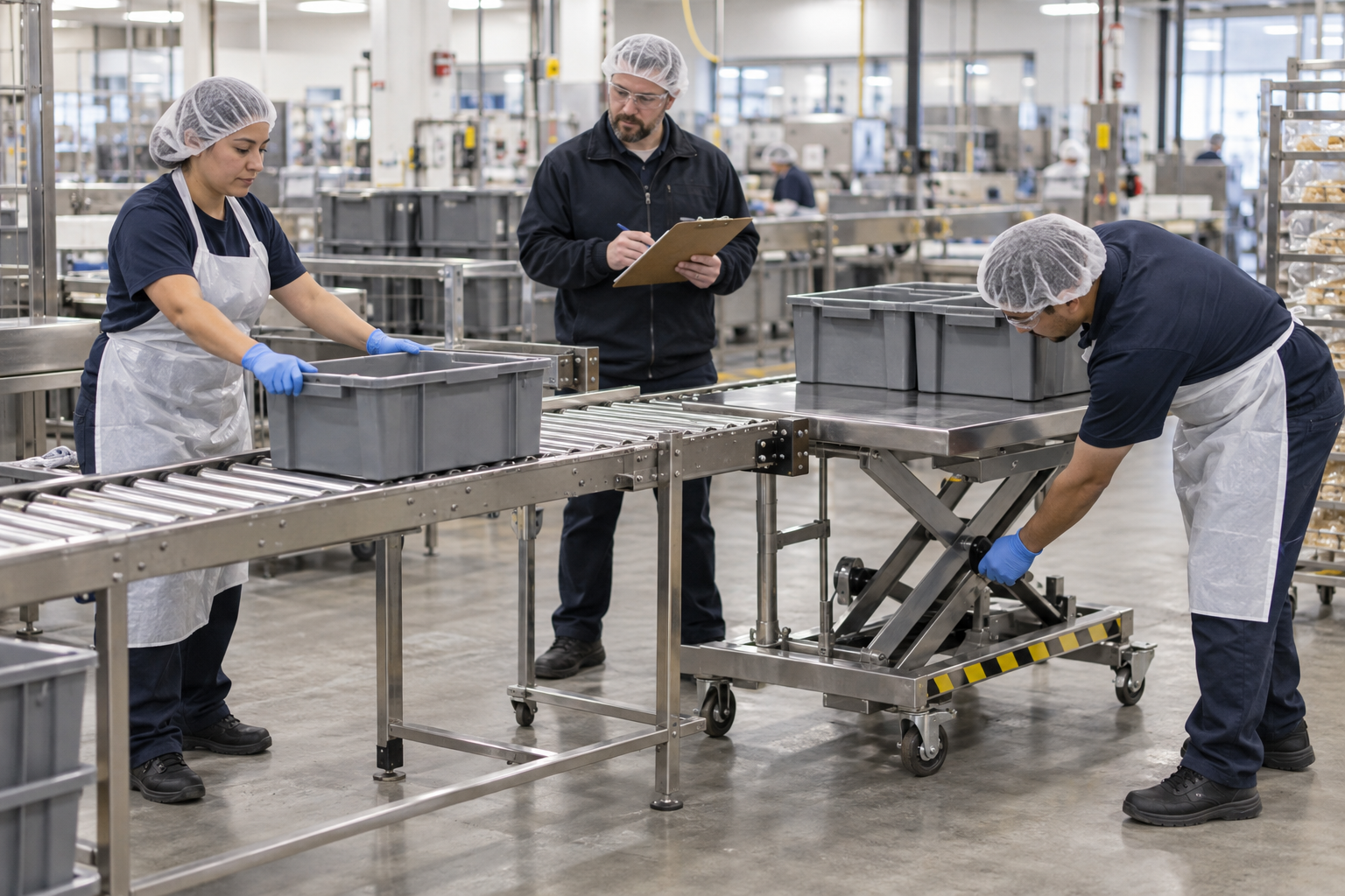 A supervisor with a clipboard observing two workers moving containers between a conveyor and a lift table