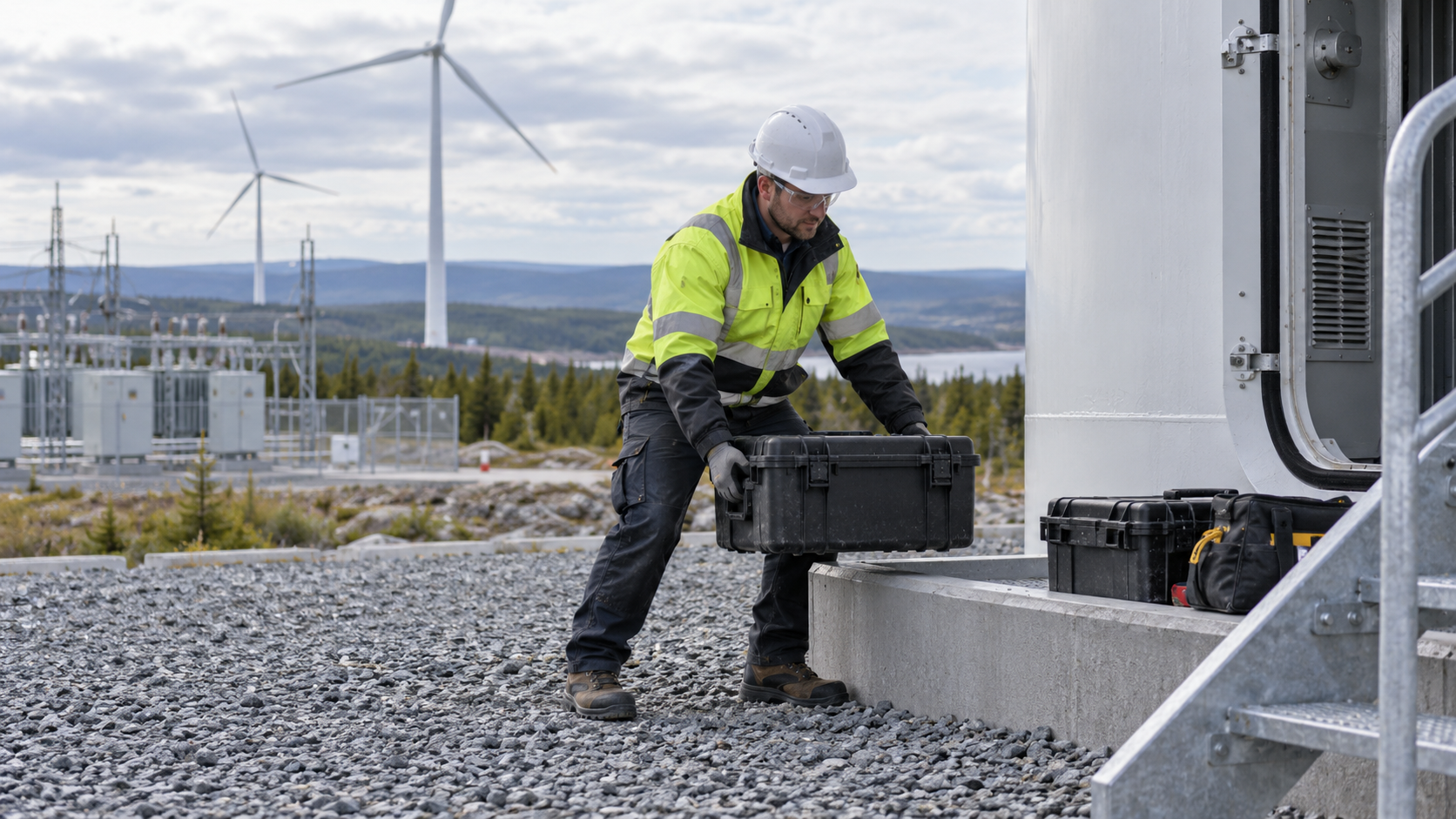 A field technician lifting an equipment case at the base of a wind turbine